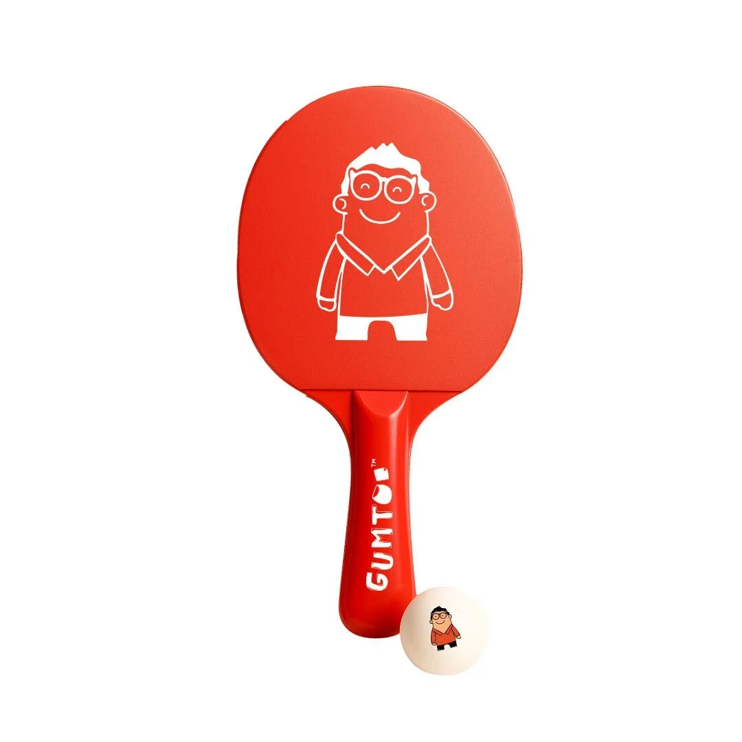 Custom red PVC plastic table tennis paddle with printed white logo and branded ball, lightweight economical racquet, retail merchandise Malaysia