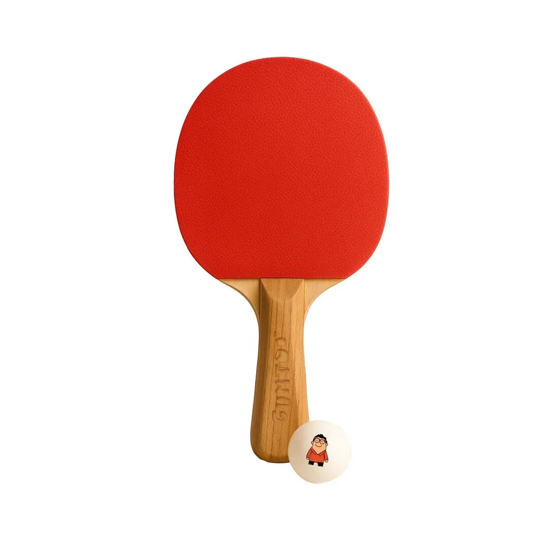 Custom 7-ply wooden table tennis paddle with red rubber face and branded ball, racquet with better control and spin, retail merchandise Malaysia