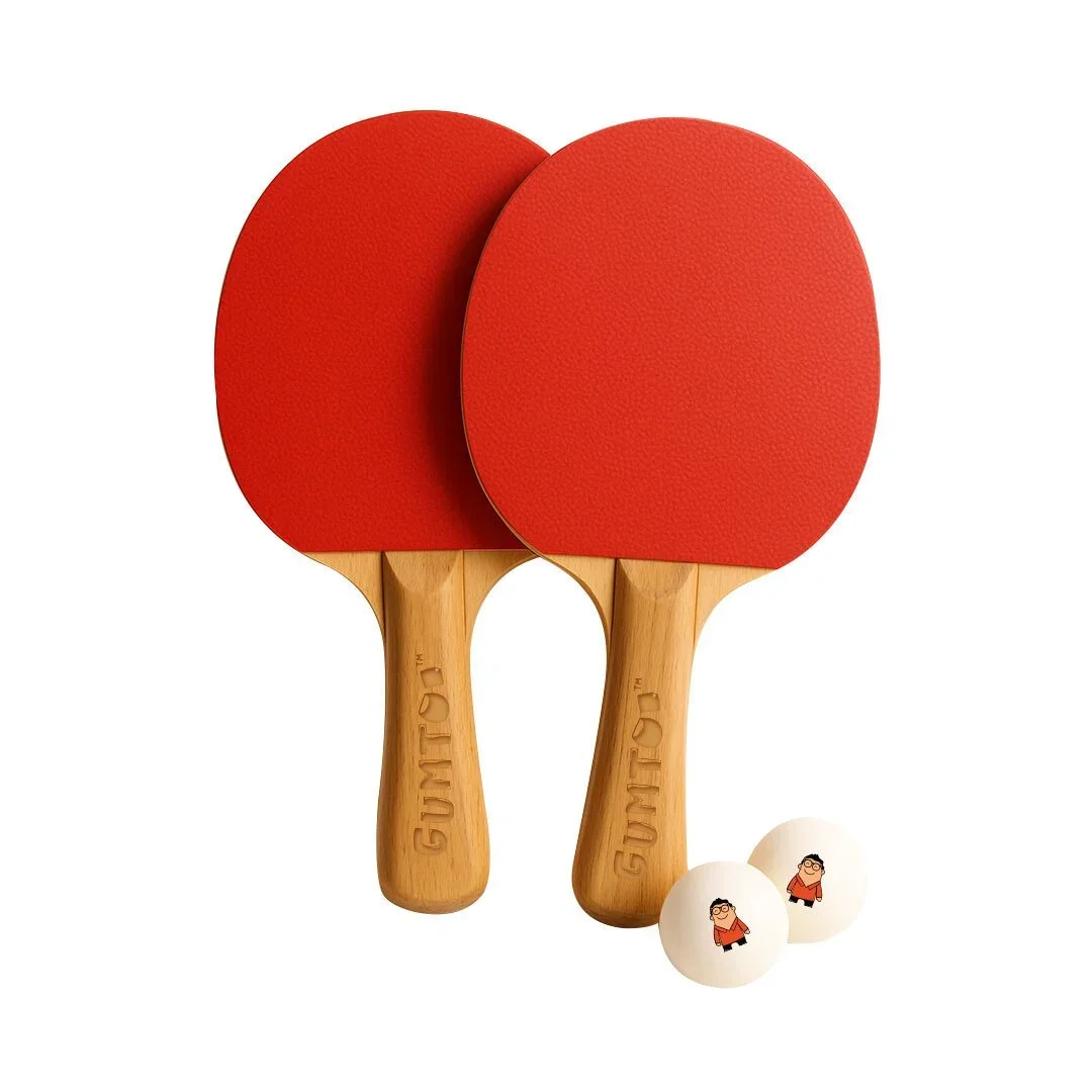 Pair of custom wooden table tennis racquets with branded balls, doubles set for team-building and sports days, retail merchandise Malaysia