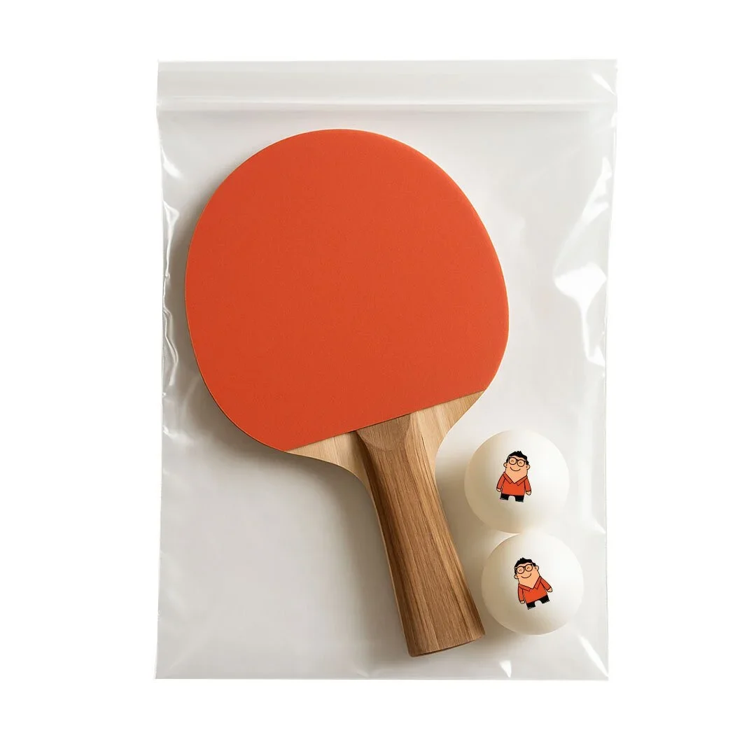 Custom table tennis racquet and branded balls in a clear OPP bag, economical packaging for bulk orders, retail merchandise Malaysia