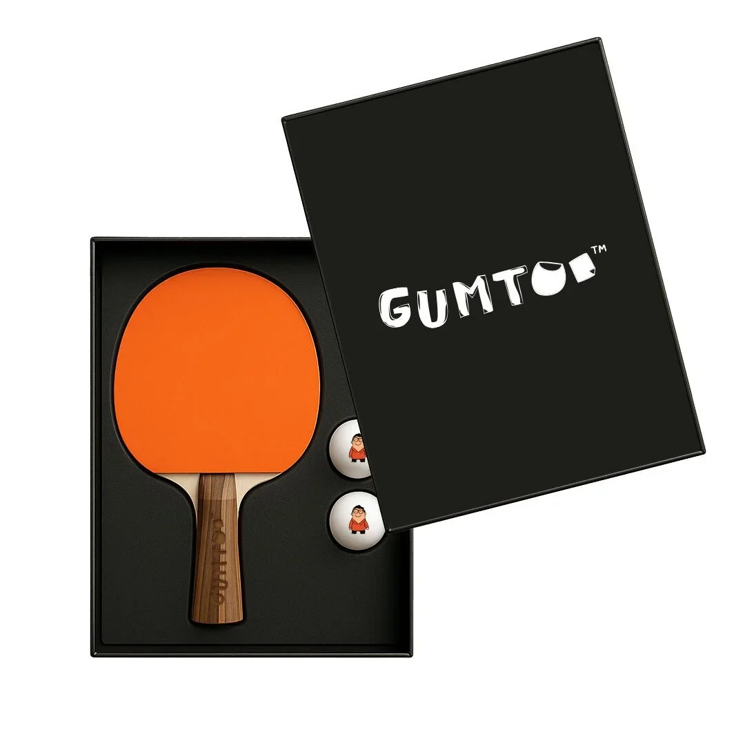Custom table tennis racquet and branded balls in a black gift box with logo lid, premium presentation packaging, retail merchandise Malaysia
