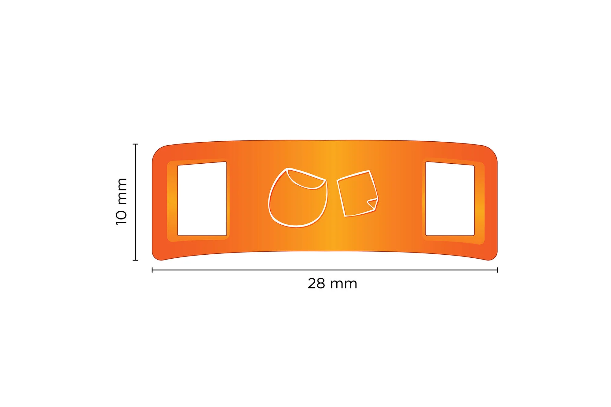 Diagram of the 28 by 10 mm shoe dubrae with dimensions marked