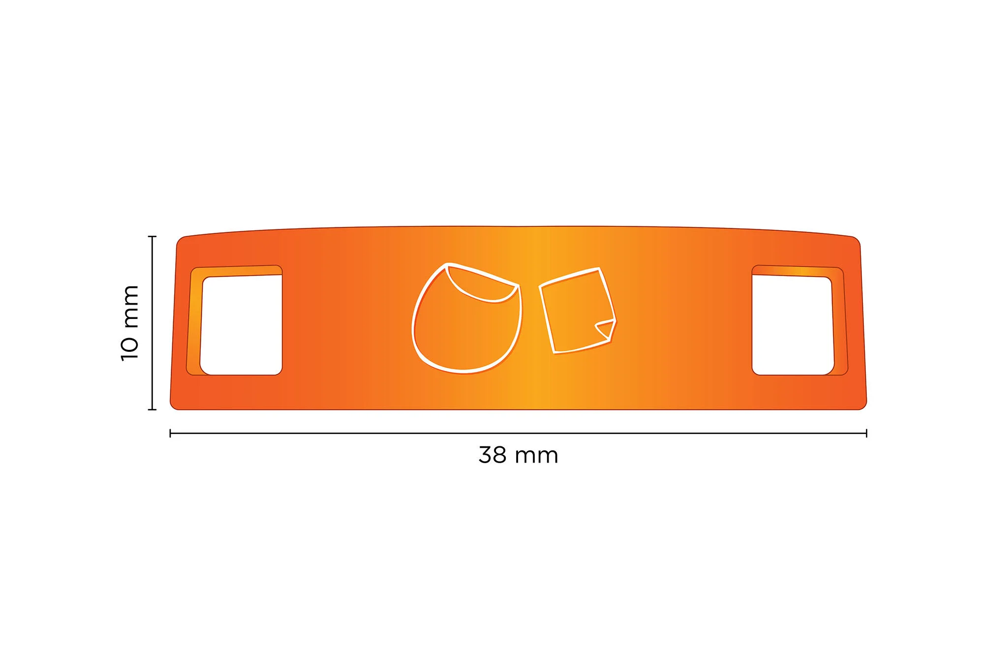 Diagram of the 38 by 10 mm shoe dubrae with dimensions marked