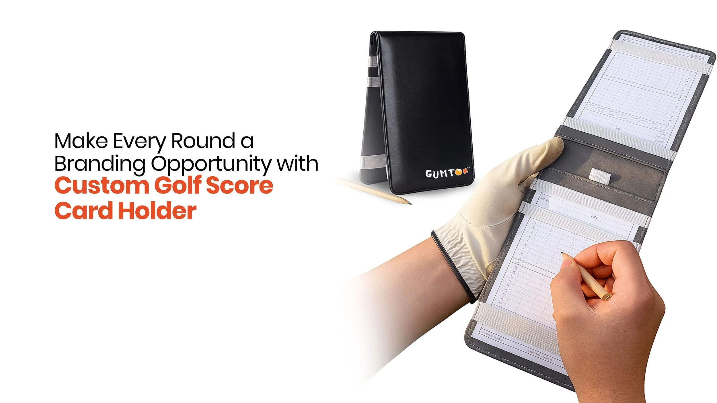 Golfer writing in an open black custom golf score card holder with branded logo, scorecard accessory for corporate golf days, Malaysia
