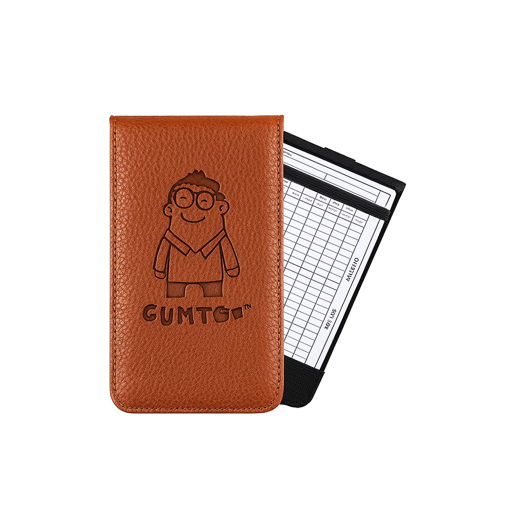 Brown premium genuine leather custom golf score card holder with debossed logo, executive golf gift for clients, Malaysia