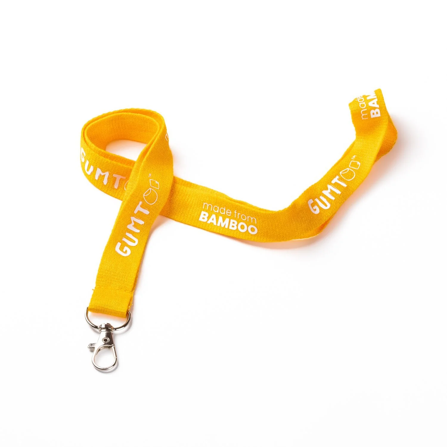 Yellow bamboo fibre lanyard with Bamboo  engraved in  white, shown  with a silver lobster clip