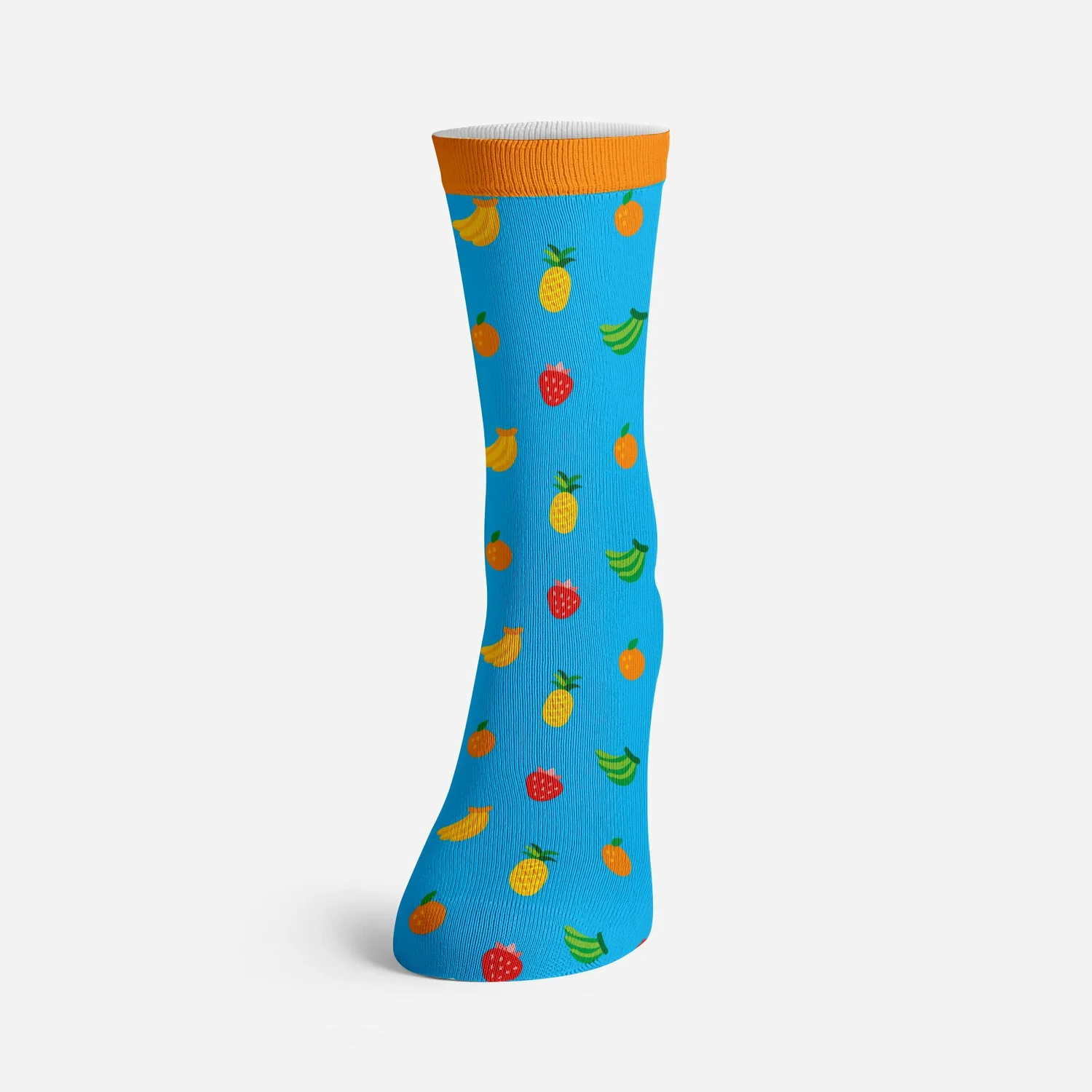 Jacquard knitted custom sock in blue with a woven pineapple, strawberry and banana pattern