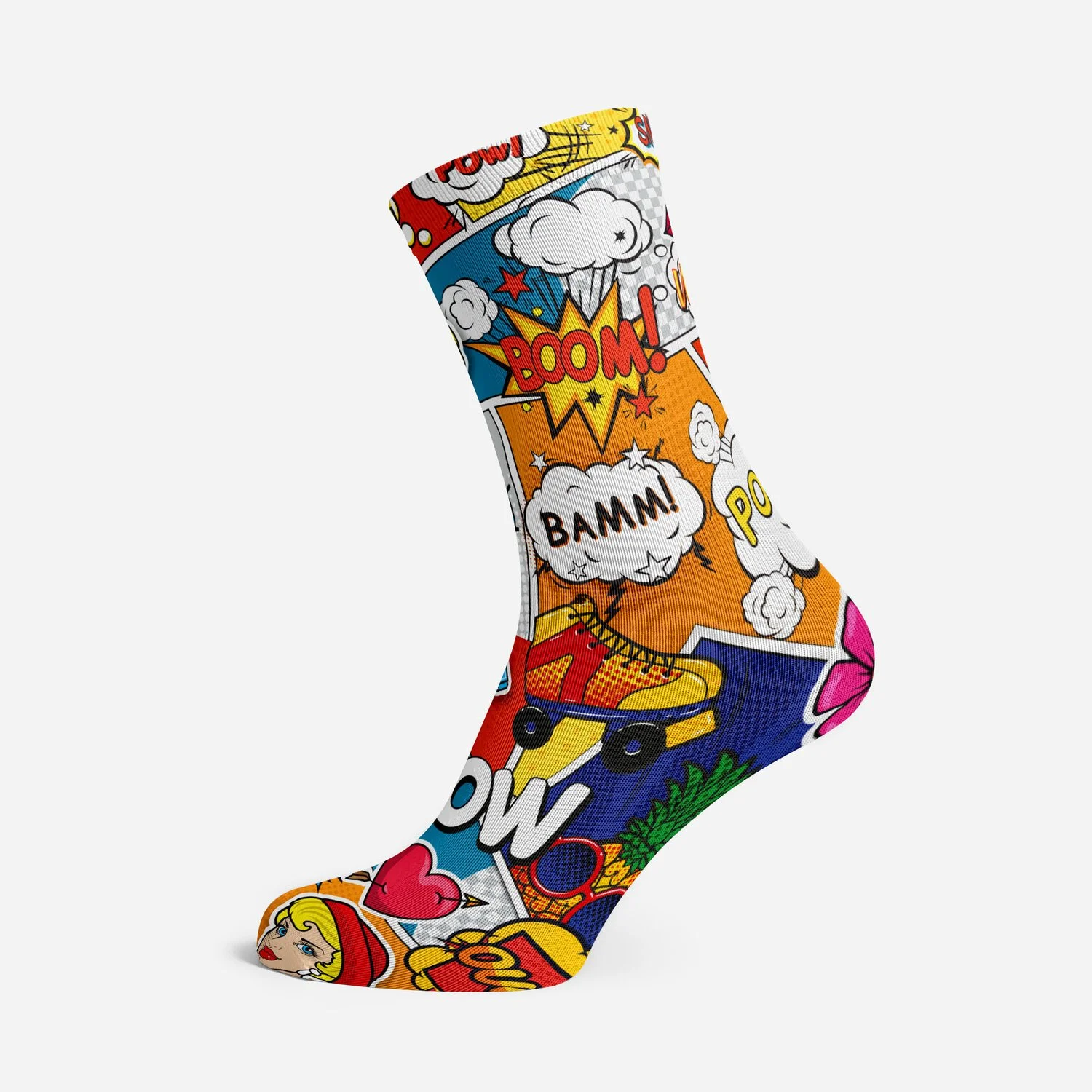 Dye sublimation printed sock in a full-colour comic book design with Boom and Bamm speech bubbles