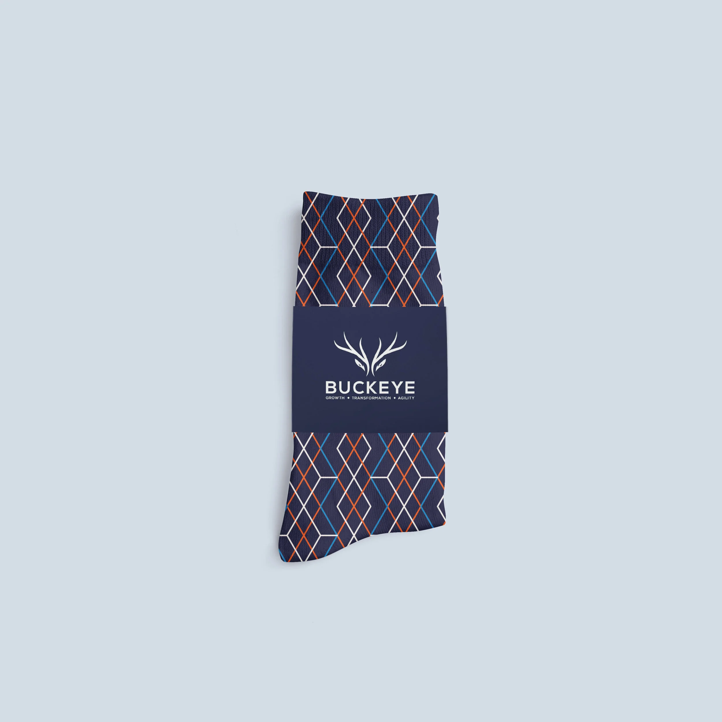 Patterned custom socks in a printed sleeve band carrying the Buckeye Consulting brand mark