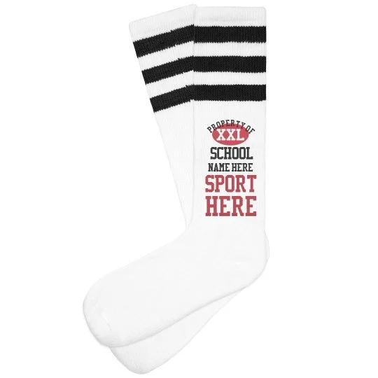 White sports tube sock with black stripes and a printed school and sport name panel