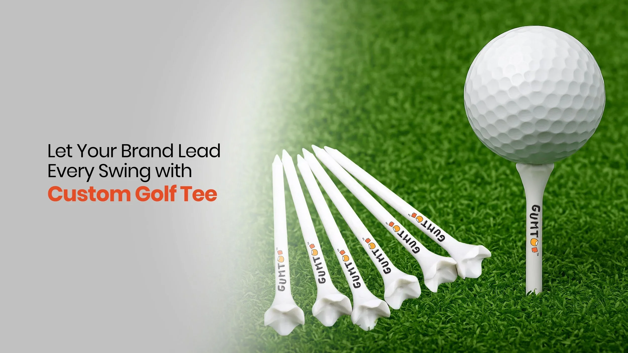 Custom white golf tees with printed logo lined up beside a golf ball on a tee, branded golf tees for corporate golf days and charity tournaments, retail merchandise Malaysia