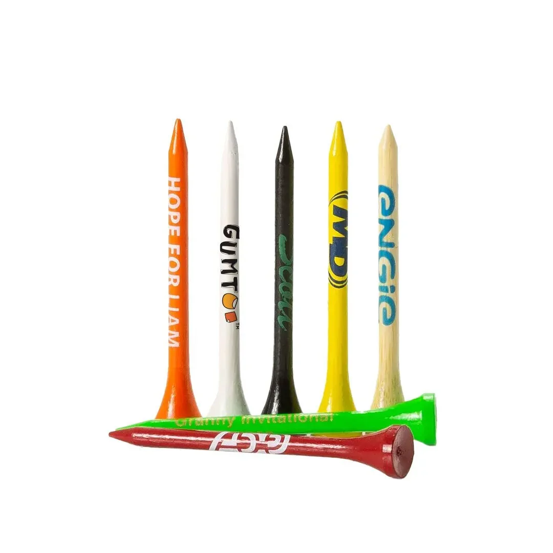 Custom wooden golf tees in assorted colours with printed brand logos, classic natural wood tees for client gifting and club events, retail merchandise Malaysia