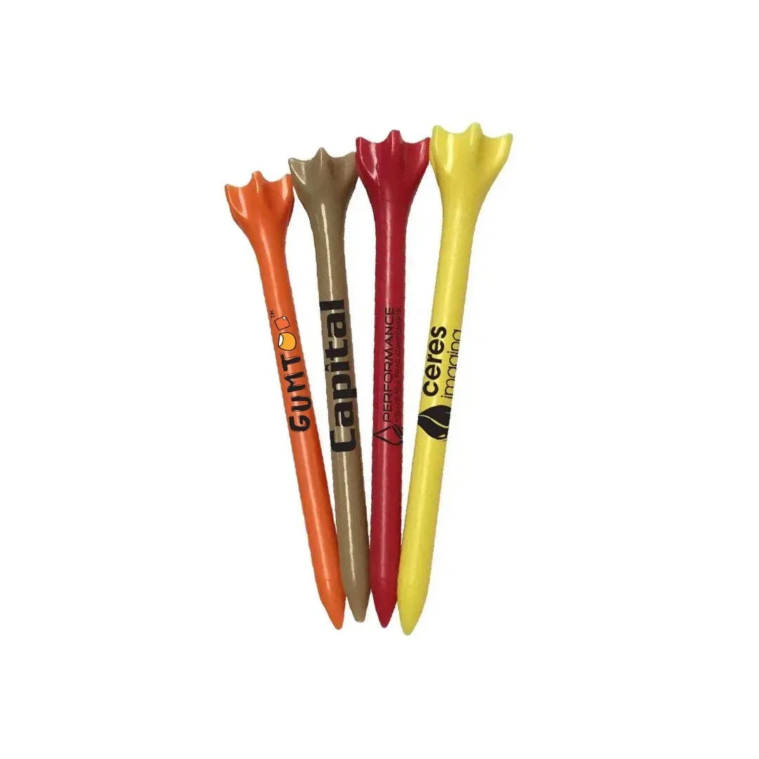 Custom plastic castle-top golf tees in orange, brown, red and yellow with printed logos, lightweight branded tees for bulk tournament giveaways, retail merchandise Malaysia