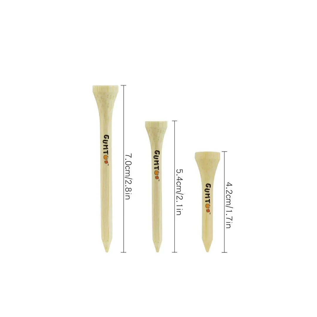 Custom wooden golf tees in standard 42 mm, 54 mm and 70 mm sizes with printed logo, popular branded tee sizes for everyday play, retail merchandise Malaysia
