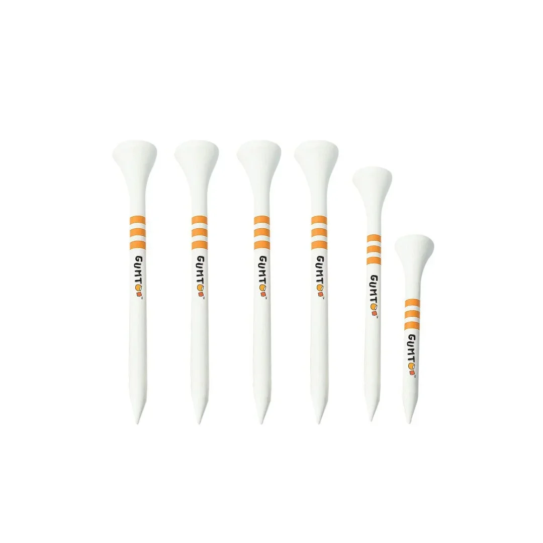 White custom golf tees in a range of custom lengths with printed logo and orange stripe markers, made-to-spec branded tees for golf events, retail merchandise Malaysia