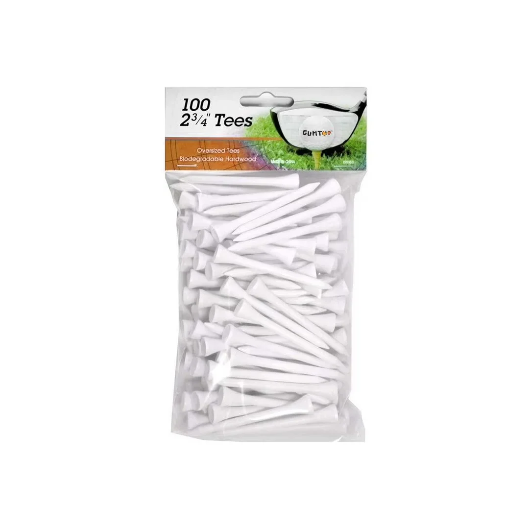 Custom white golf tees in a clear plastic bulk bag with printed header card, economical packaging for large tournament orders, retail merchandise Malaysia