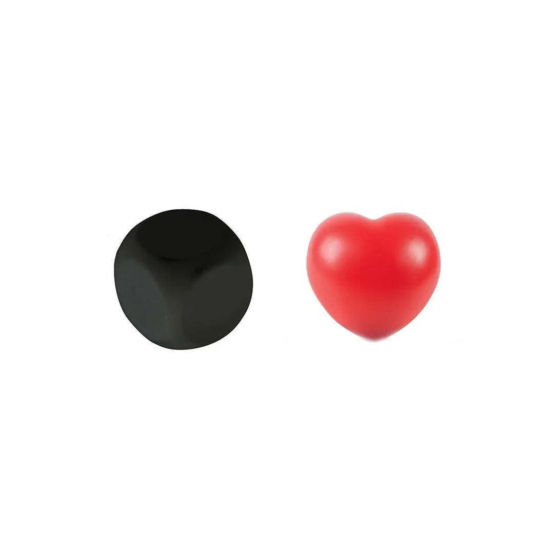 Black cube and red heart custom stress balls, shaped foam stress relievers for healthcare and wellness campaigns, retail merchandise Malaysia