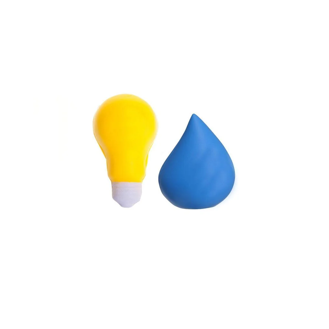 Custom shape stress balls in yellow light bulb and blue water drop designs, bespoke foam shapes for brand campaigns, retail merchandise Malaysia