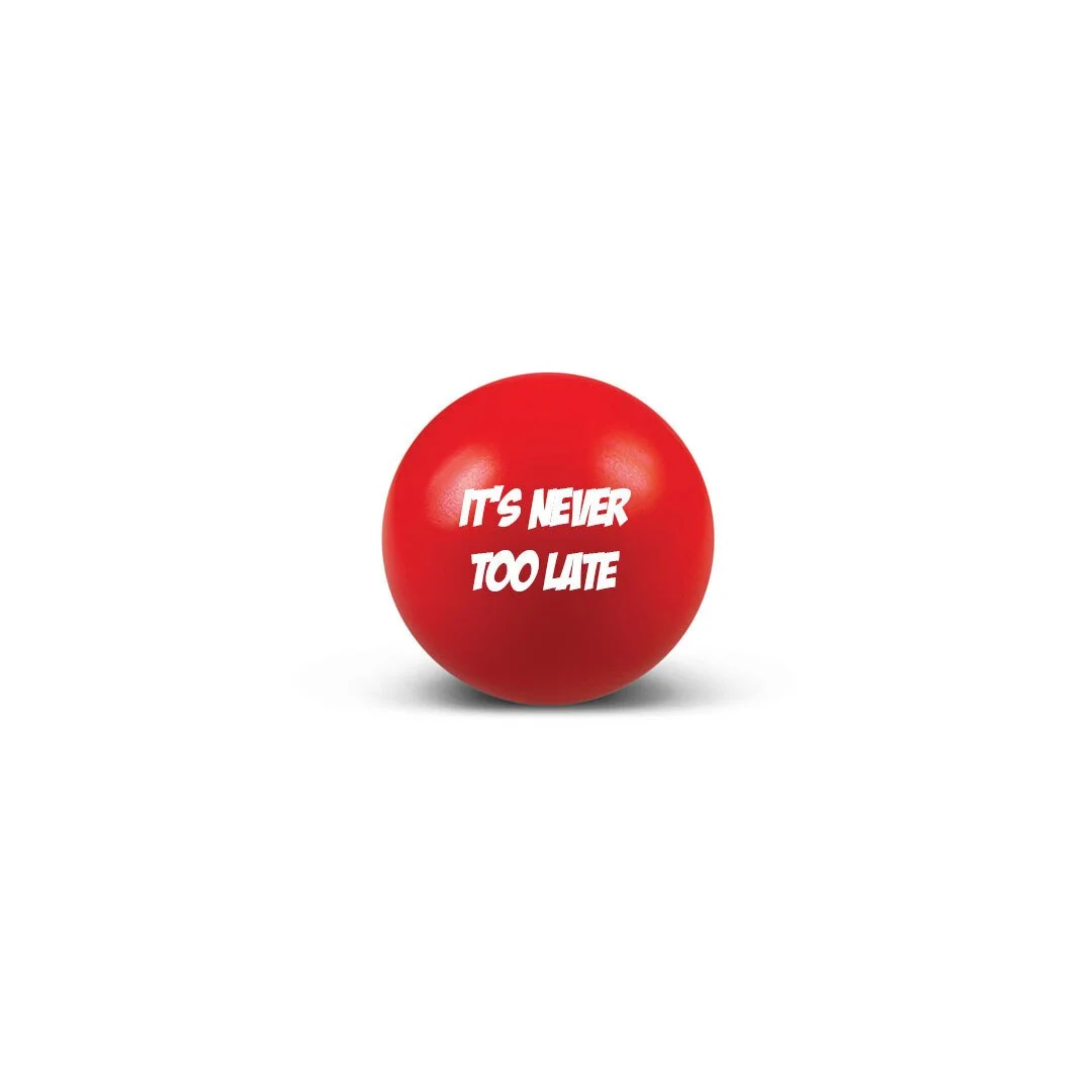 Red custom stress ball with white silk screen printed message, crisp one-colour branding, retail merchandise Malaysia