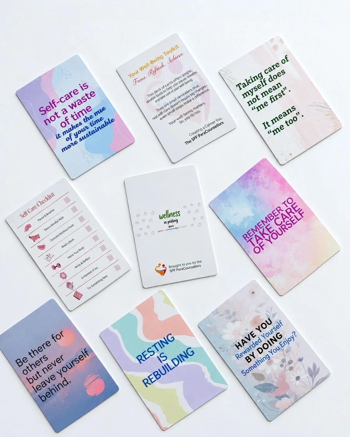 A daily reminder to prioritize you. 🌸✨

We produced these custom wellness toolkit cards for The SPF ParaCounsellors. Featuring daily affirmations, self care checklists, and mindful reminders, these bespoke card decks provide a tangible way to suppor