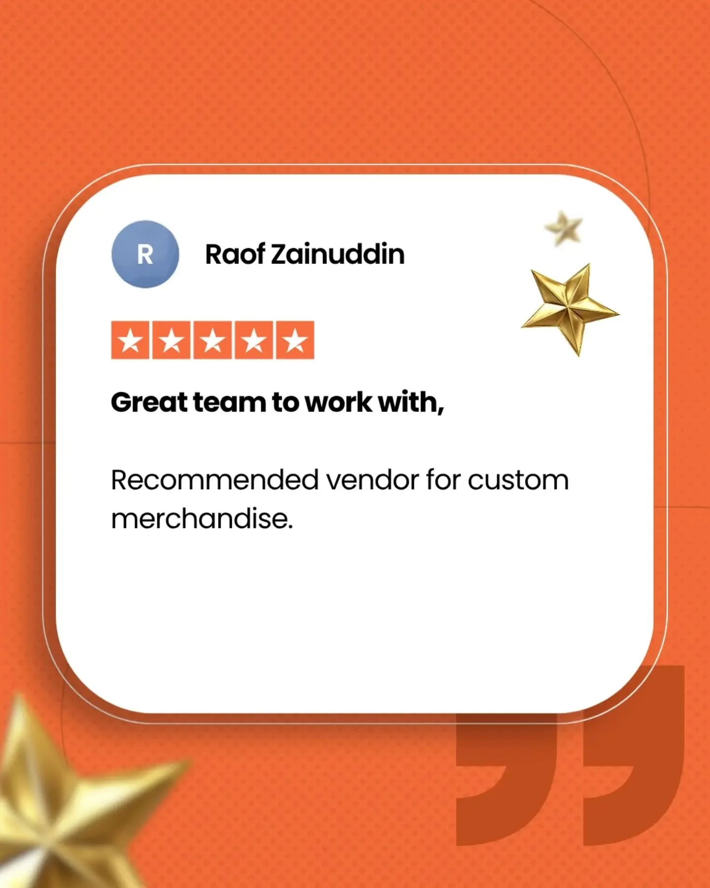 Short, sweet, and straight from our clients! ⭐⭐⭐⭐⭐

A big thank you to Raof Zainuddin for the 5-star review and for trusting Gumtoo as your go-to partner for custom merchandise.

Making the merch creation process seamless, collaborative, and stress-f