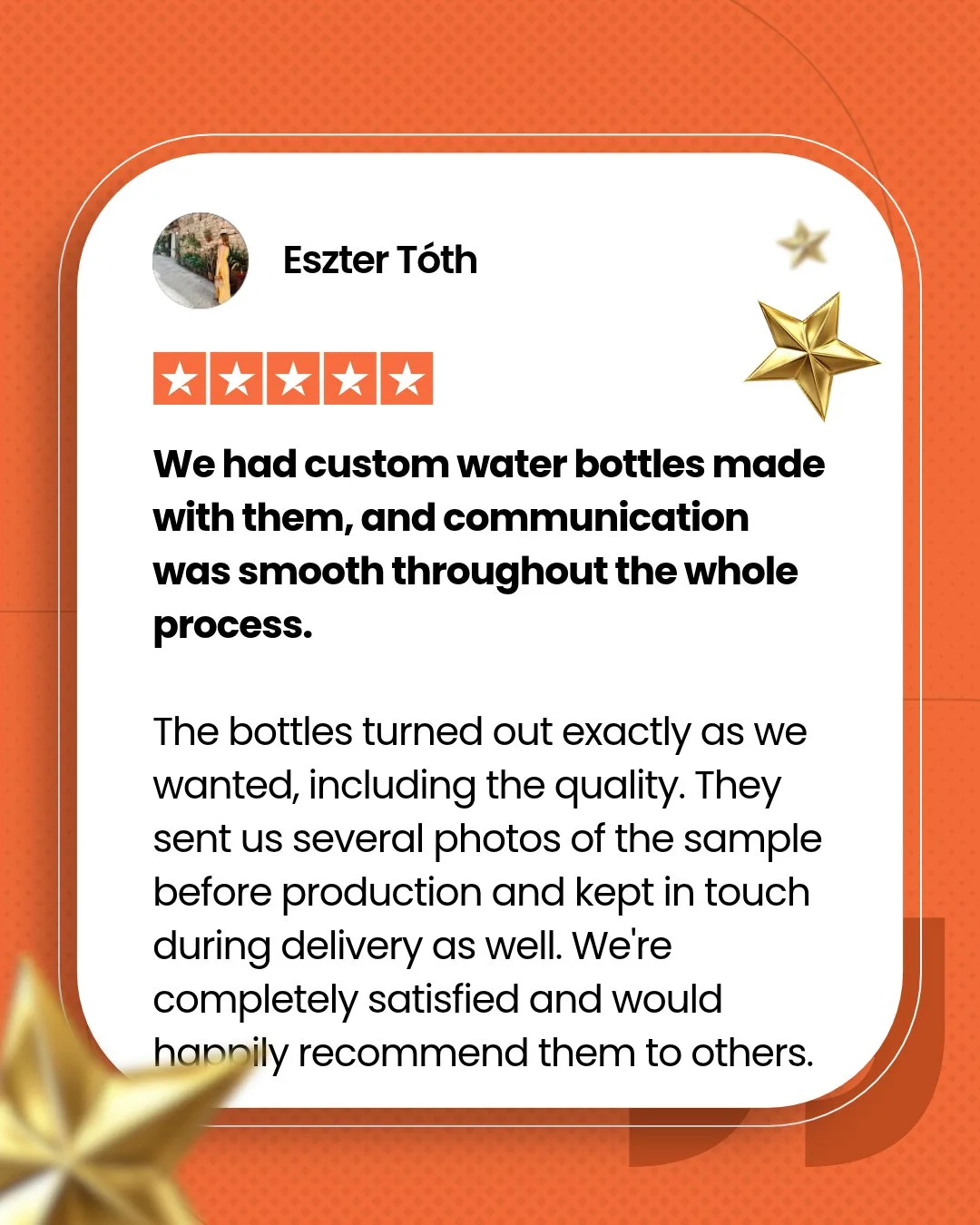 Smooth communication, exact results, and total satisfaction. 🌟💧

We recently partnered with Eszter T&oacute;th to create custom water bottles, and her five-star review highlights exactly what we strive to deliver at Gumtoo. From the initial design 