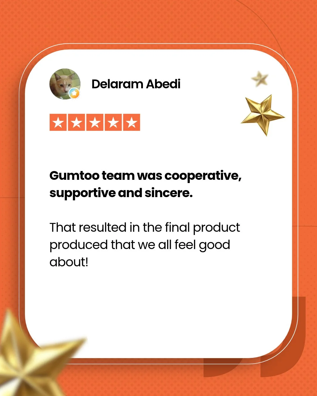 A cooperative approach creates products you can truly be proud of. ✨🤝

We are thrilled to share this wonderful five-star review from Delaram Abedi, who highlighted our team's cooperative, supportive, and sincere process. At Gumtoo, we believe that c
