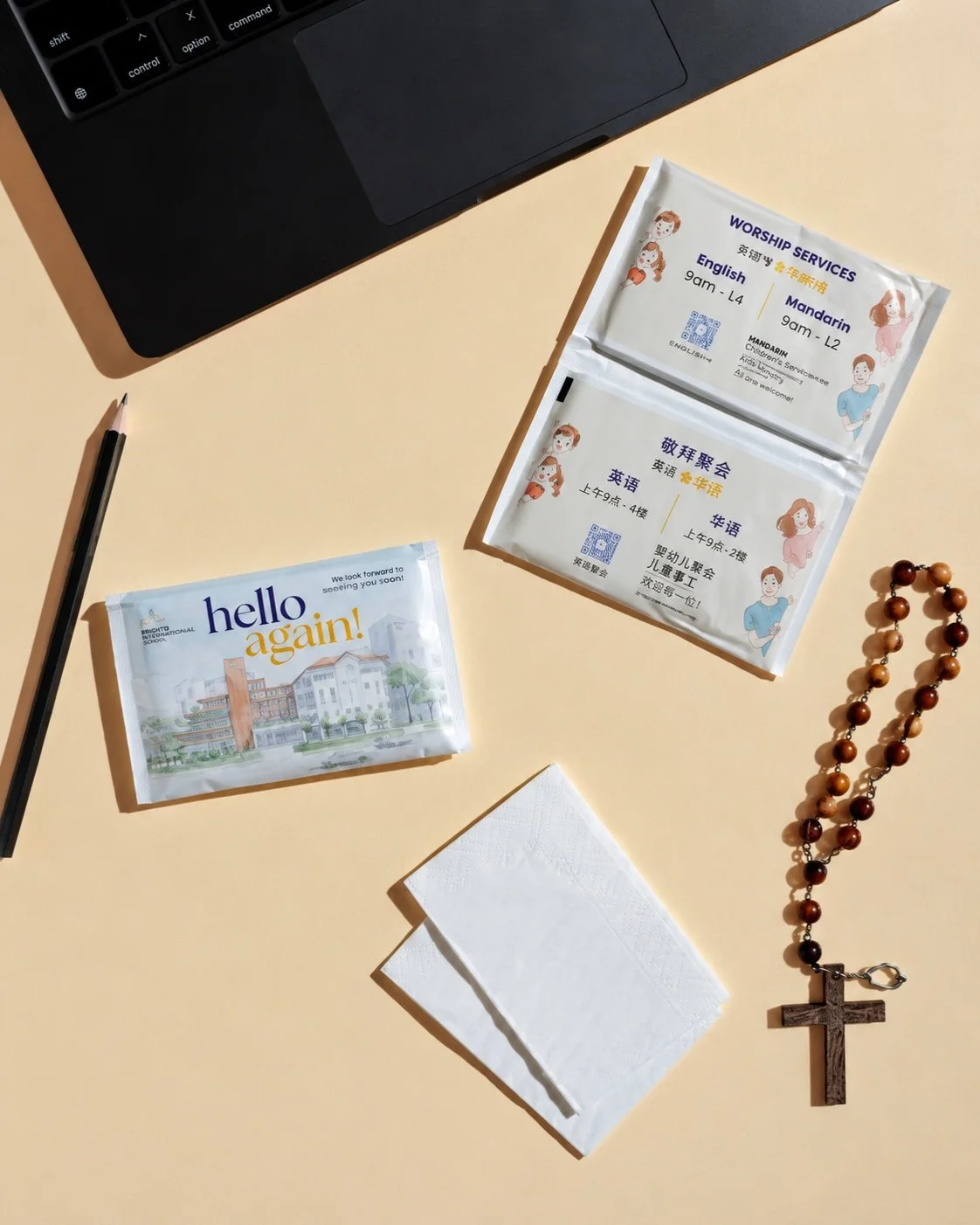 Make every greeting count with thoughtful essentials.✨

We produced these custom printed wet wipe packets as a warm welcoming gesture for returning students and community members. Featuring bilingual service schedules, integrated QR codes, and beauti