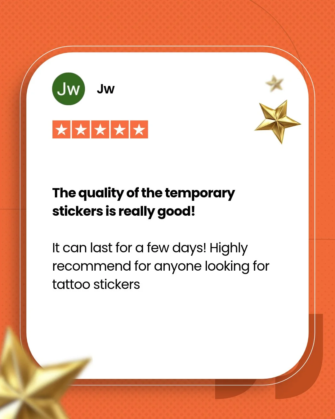 When your promotional merchandise leaves a lasting impression, you know you have made the right choice. We are incredibly grateful for this glowing five-star review from Jw Jw, who highlighted the exceptional quality of our custom temporary stickers.