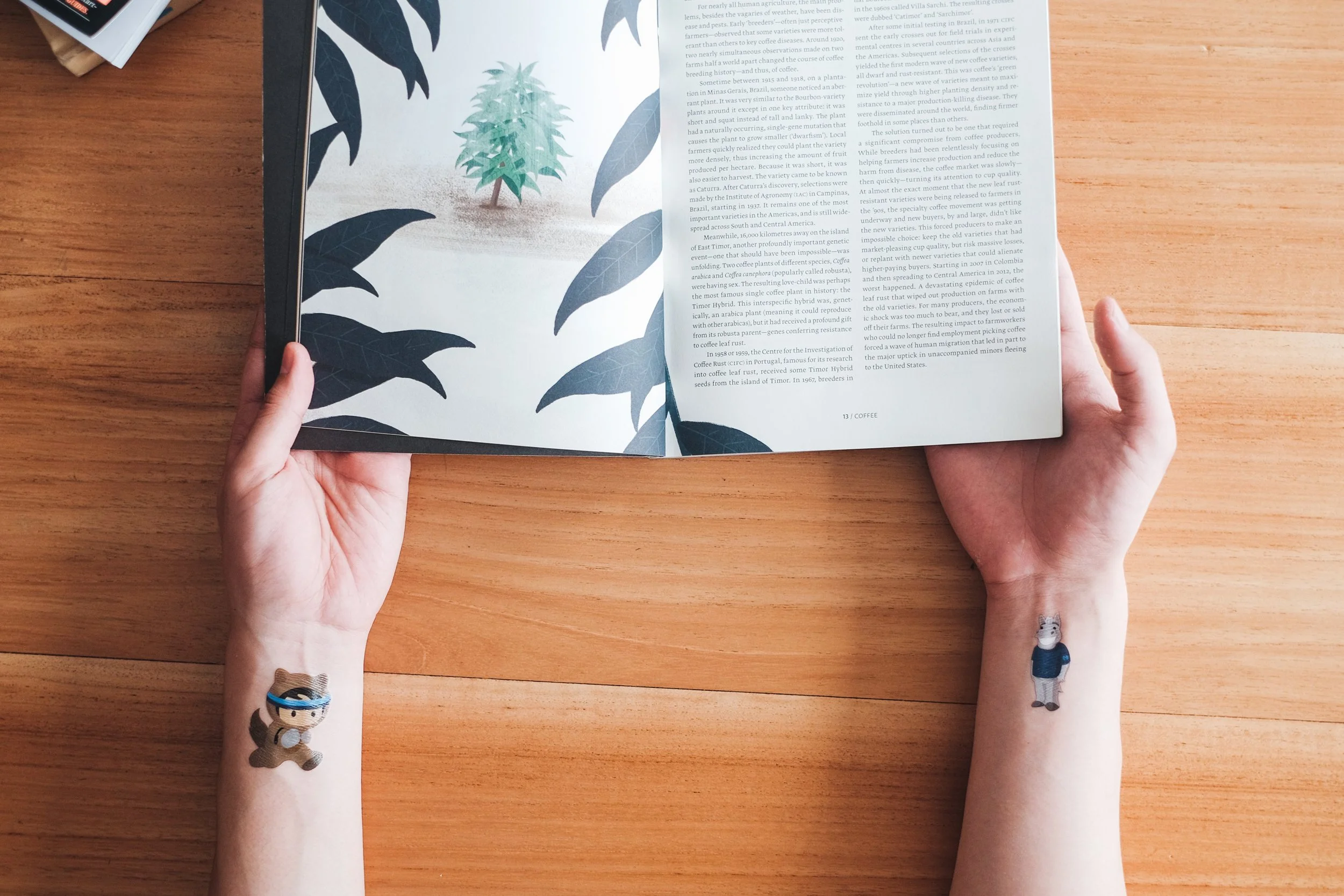 Salesforce mascot character temporary tattoos worn on both wrists while holding an open magazine