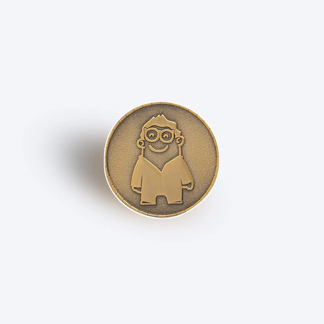 Die struck pin with no enamel colour, shaped from recessed and raised metal areas