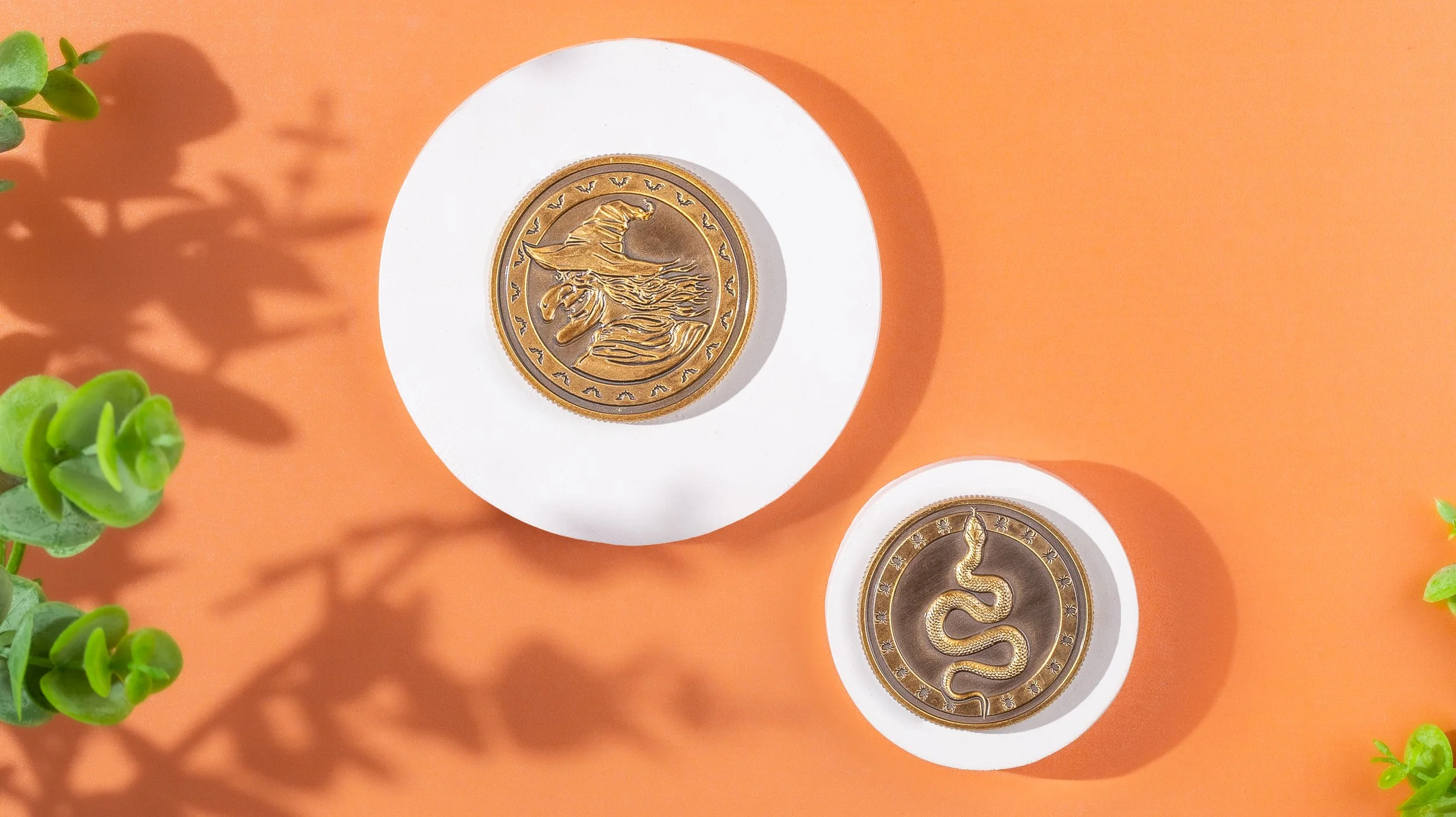 Two antique gold 3D coins in raised relief, one with a witch profile and one with a coiled serpent