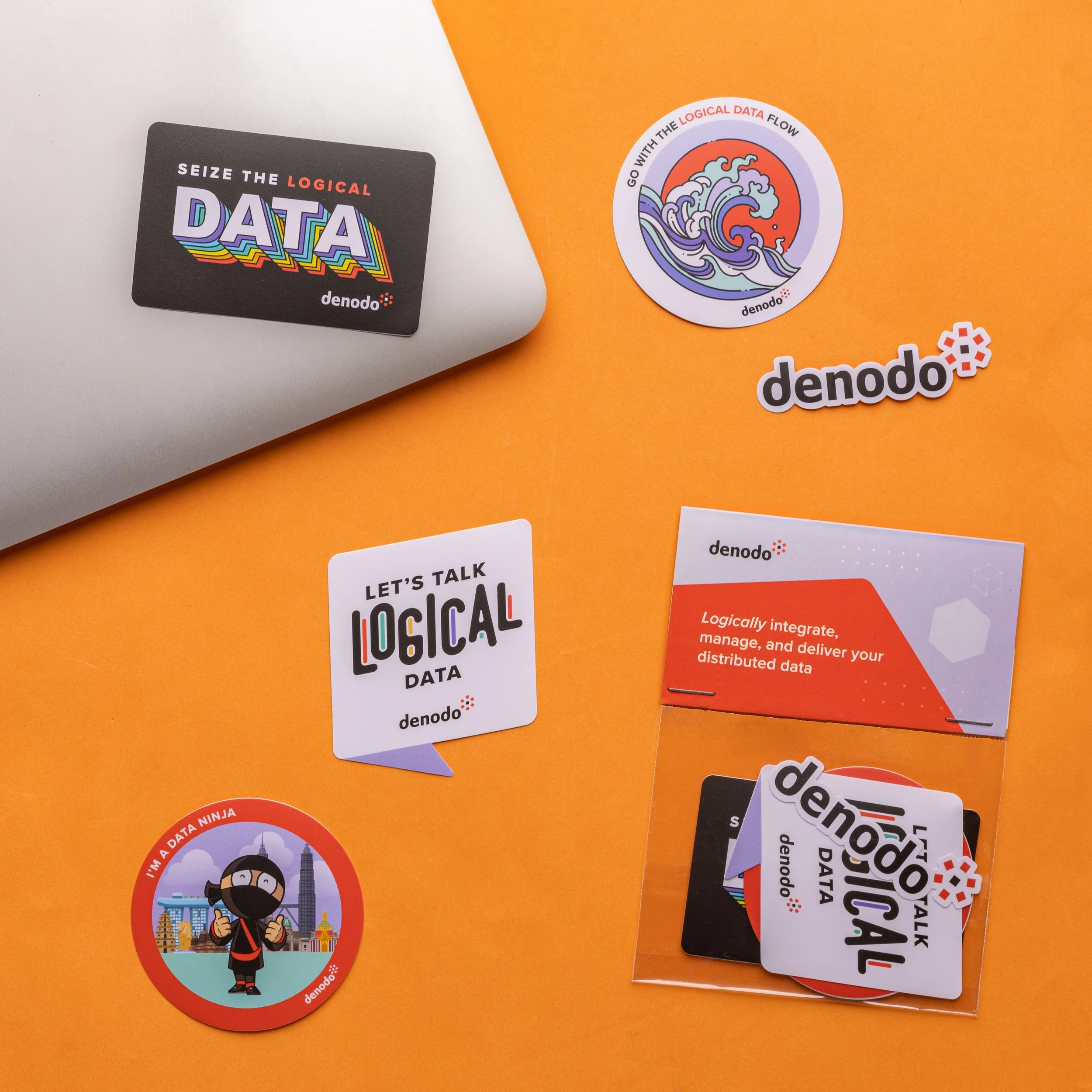 Denodo branded sticker set – Logical Data laptop sticker, Great Wave circle sticker, Data Ninja and speech-bubble die-cuts in a header card pack – tech conference swag