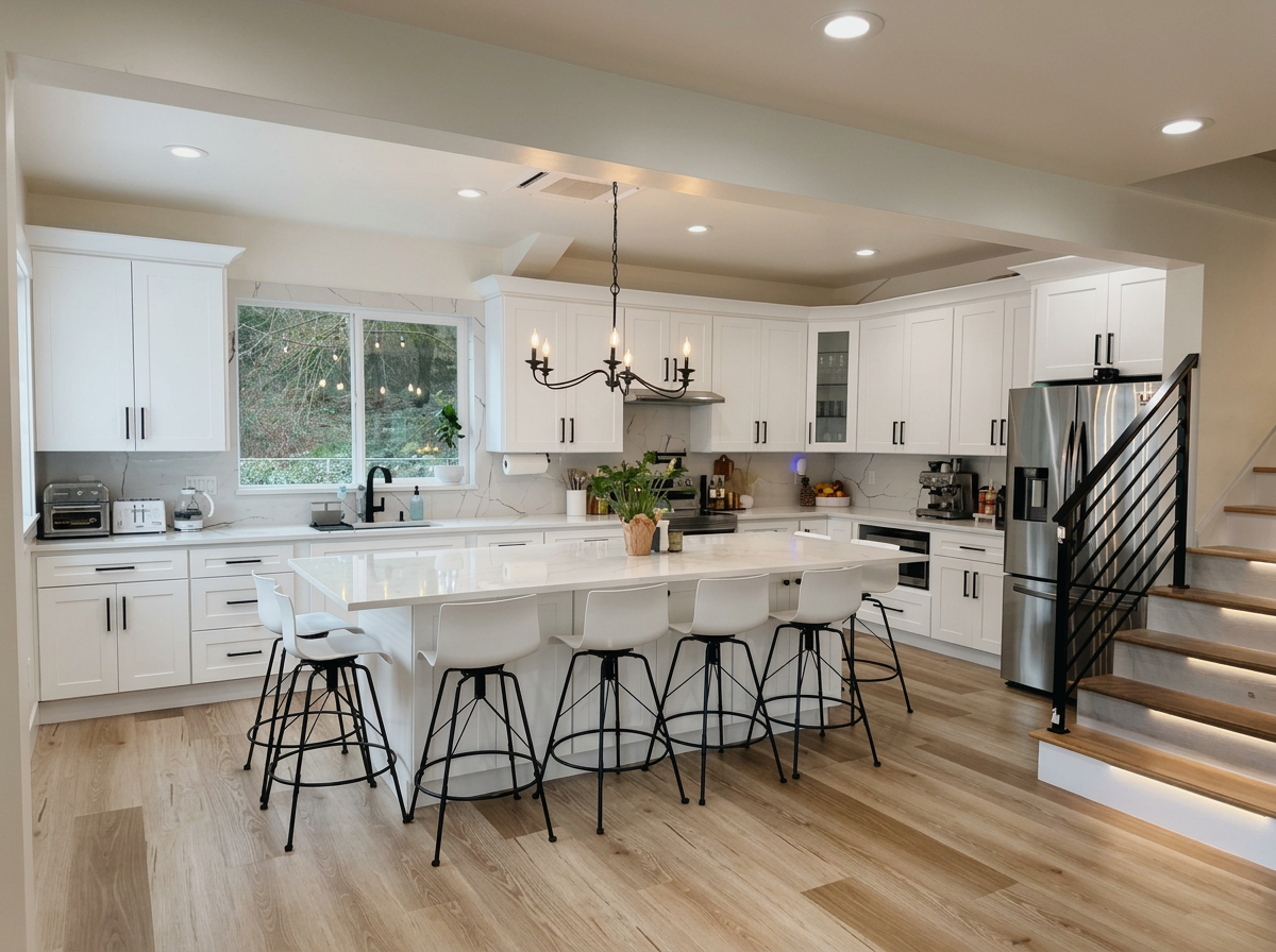 Modern white kitchen with an island, six white bar stools, stainless steel refrigerator, black chandelier, and wooden staircase.