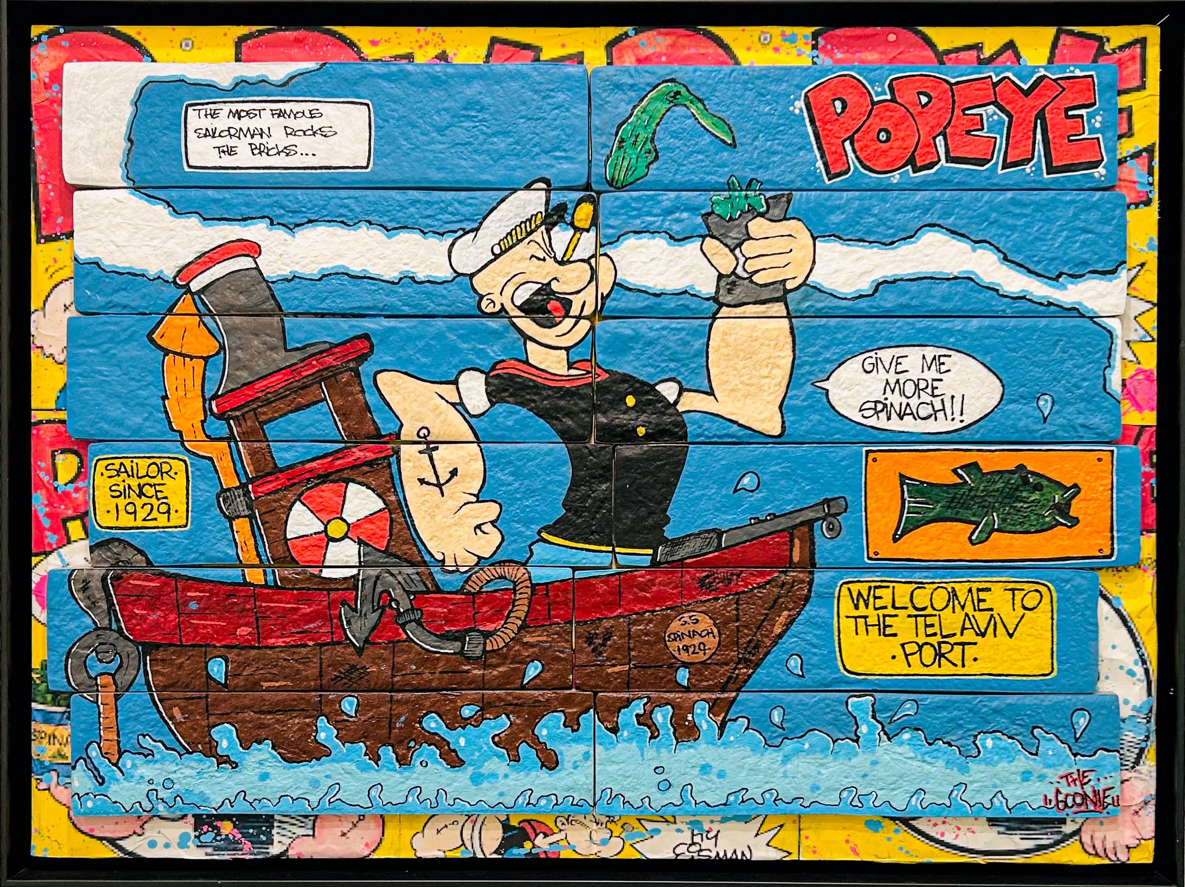 “The Most Famous Sailorman”, 55 × 42 cm | 12 bricks assembled on wood | Original artwork | Private collection | 2025