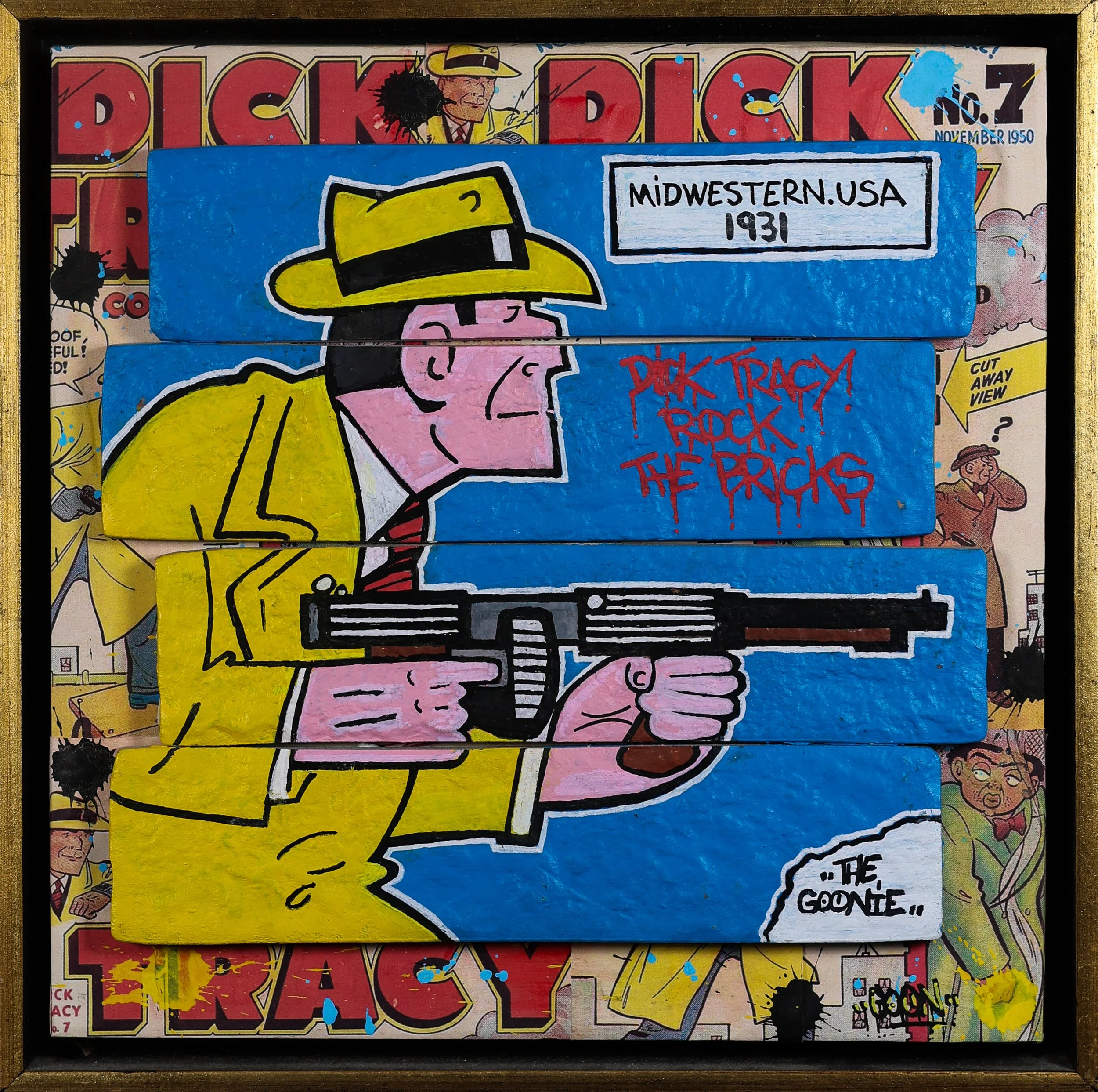 “The Man with the Thompson”, 30 × 30 cm | 4 bricks assembled on wood | Original artwork |  2024