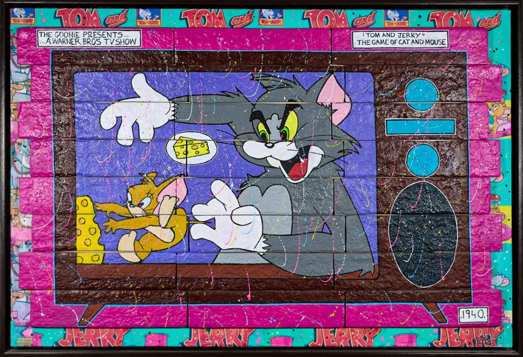 “The Game of Cat and Mouse”, 80 × 53 cm | 24 bricks assembled on wood | Original artwork | 2025