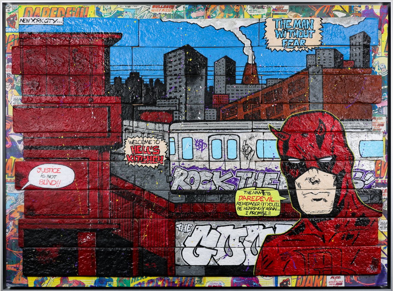 “Justice is not blind”, 80 × 53 cm | 24 assembled bricks on wood | Original work | 2026

