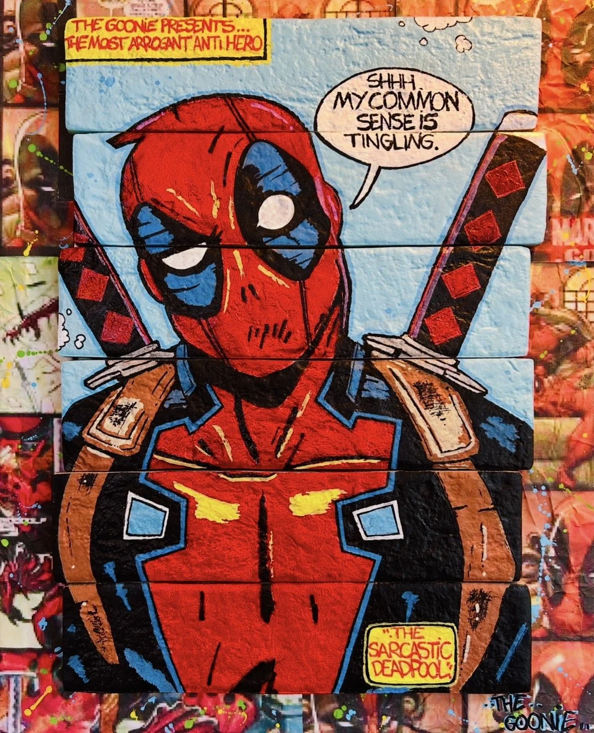“Sarcasm”, 30 × 41 cm | 6 assembled bricks on wood | Original work | 2025

