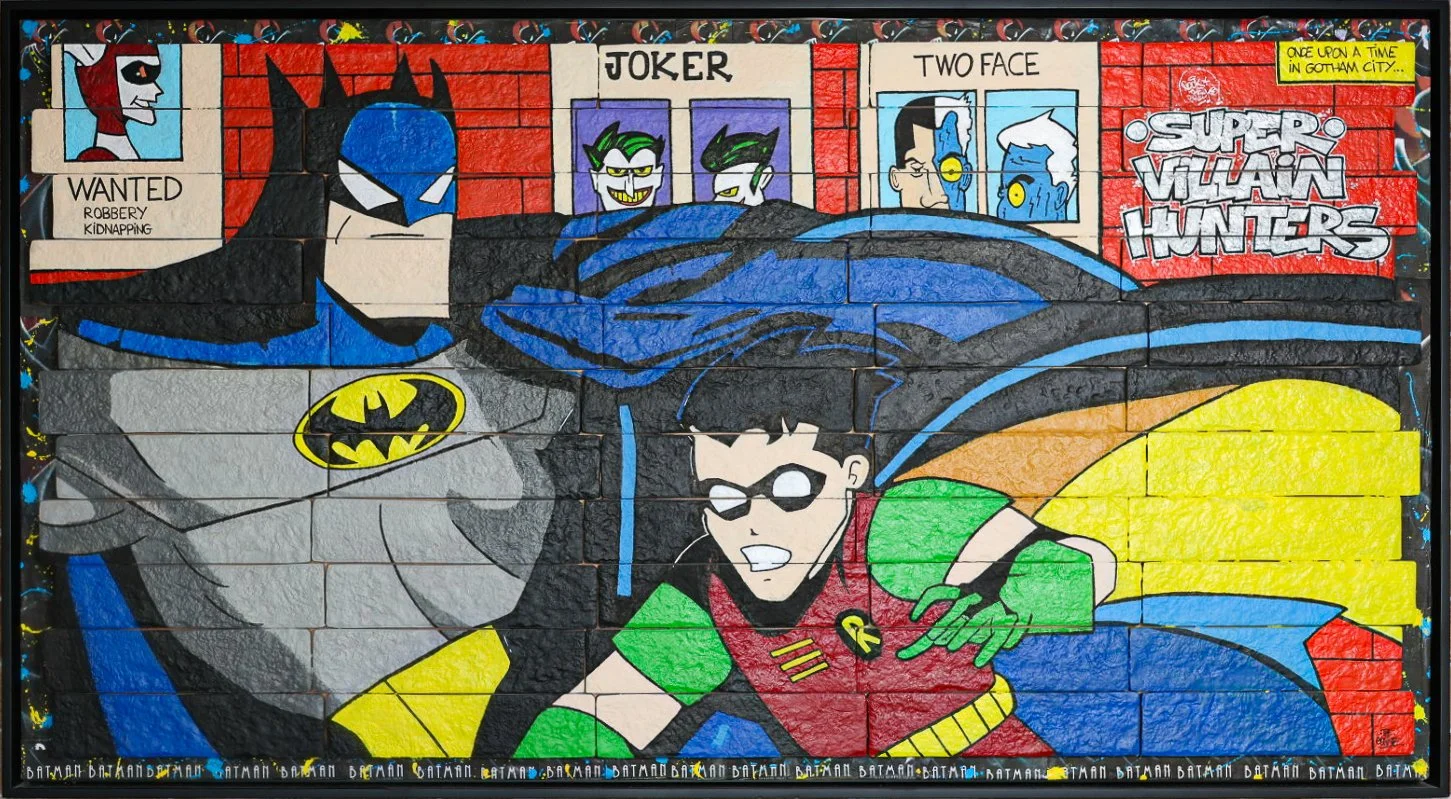 “Super Villain Hunters”, 130 x 71  cm  |  55 assembled bricks on wood | Original work  |  2025