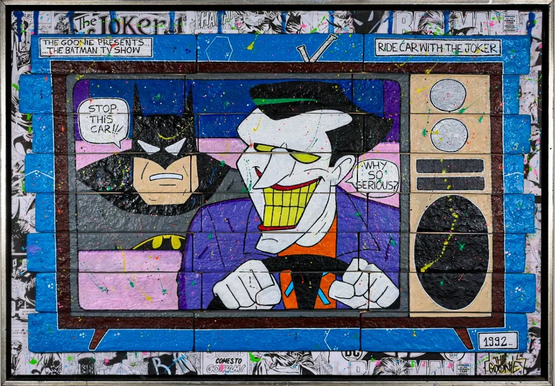 “Ride car with the Joker”, 80 × 54  cm  |  24 assembled bricks on wood | Original work  |  2024
