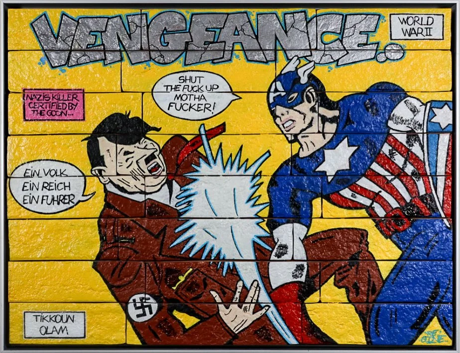 “Slap the Nazis”, 63 × 48 cm | 24 assembled bricks on wood | Original work | 2025

