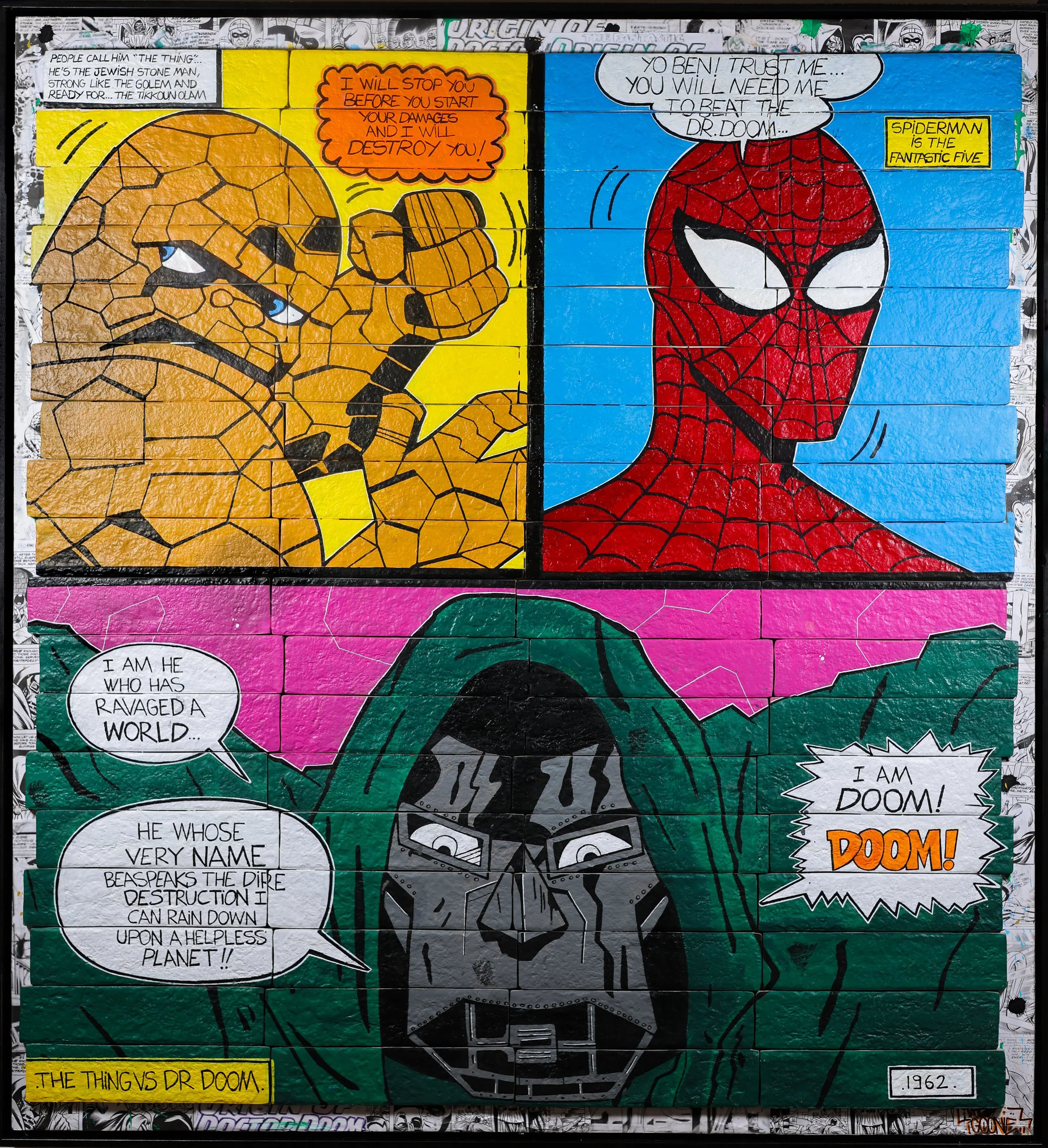 “The Fifth Fantastic”, 105 × 112 cm | 72 assembled bricks on wood | Original work | 2025

