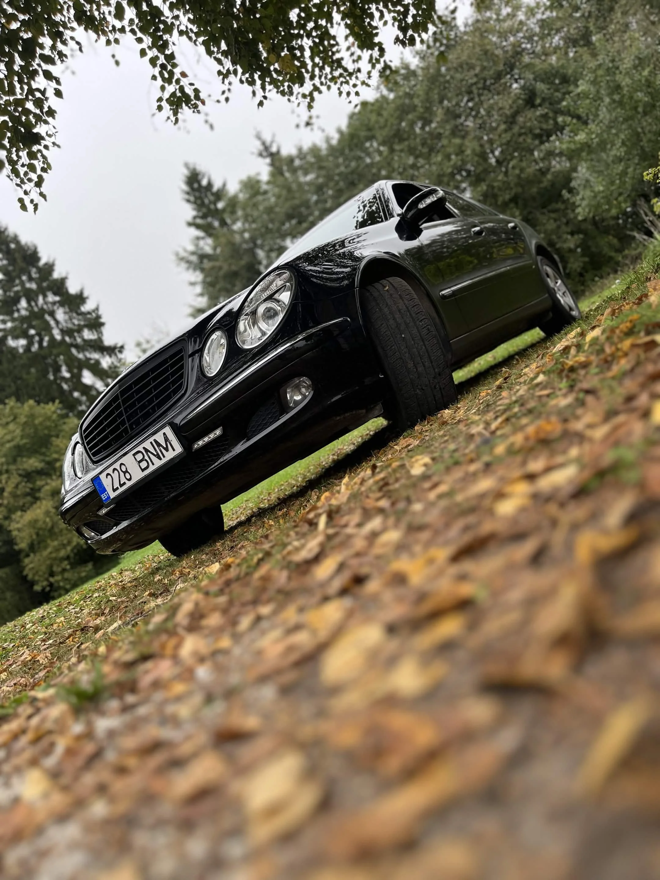 Must Mercedes-Benz, mis on pargitud väljas murule, taustal puud ja pilvine taevas.