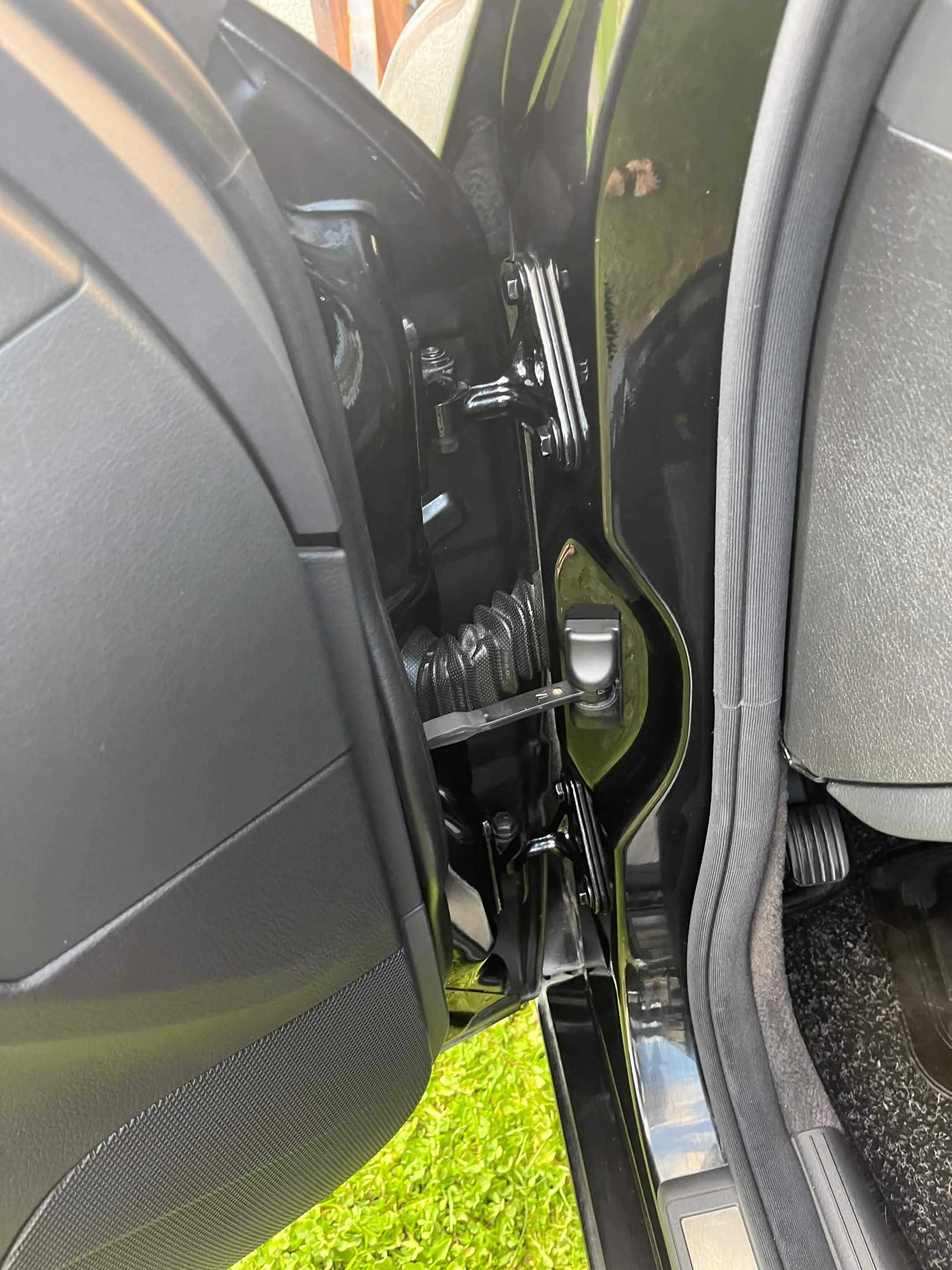 Close-up of a car's dashboard and steering wheel, with a view through the windshield showing green foliage outside.