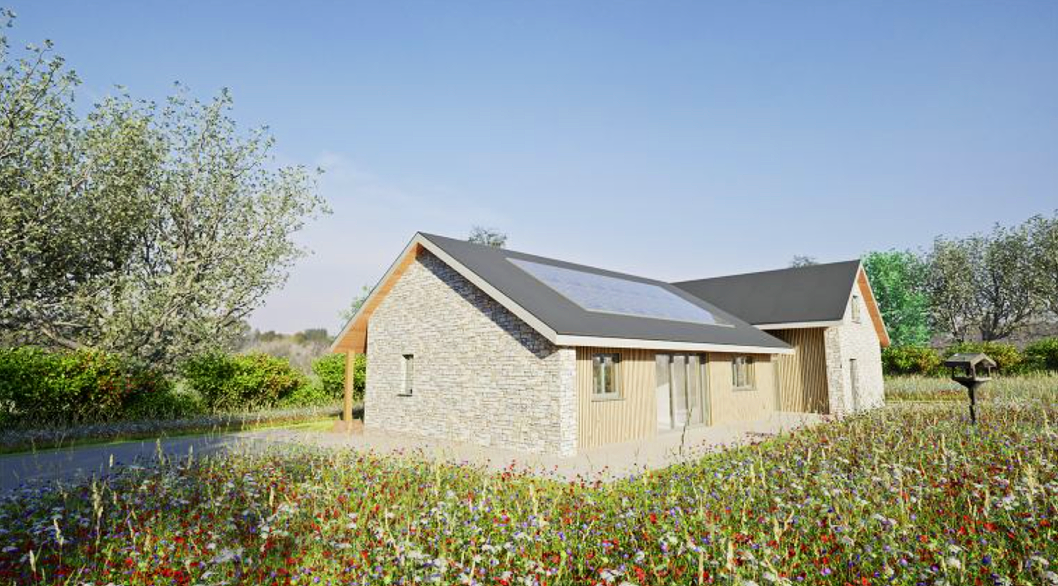 A 3D render of a modern house with a sloped roof, solar panels, stone and wooden exterior, surrounded by a colourful flower garden, trees, and a postbox in front on a bright, sunny day.