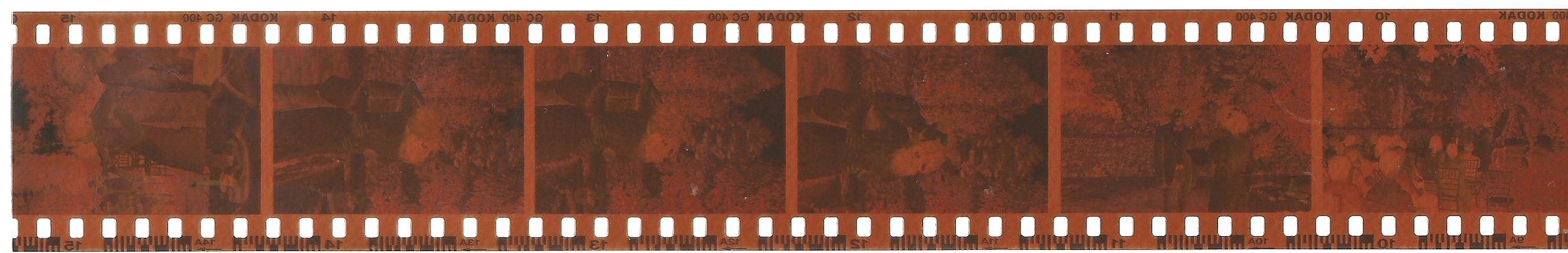 Pellicola di film fotografico con immagini di un'auto e un paesaggio