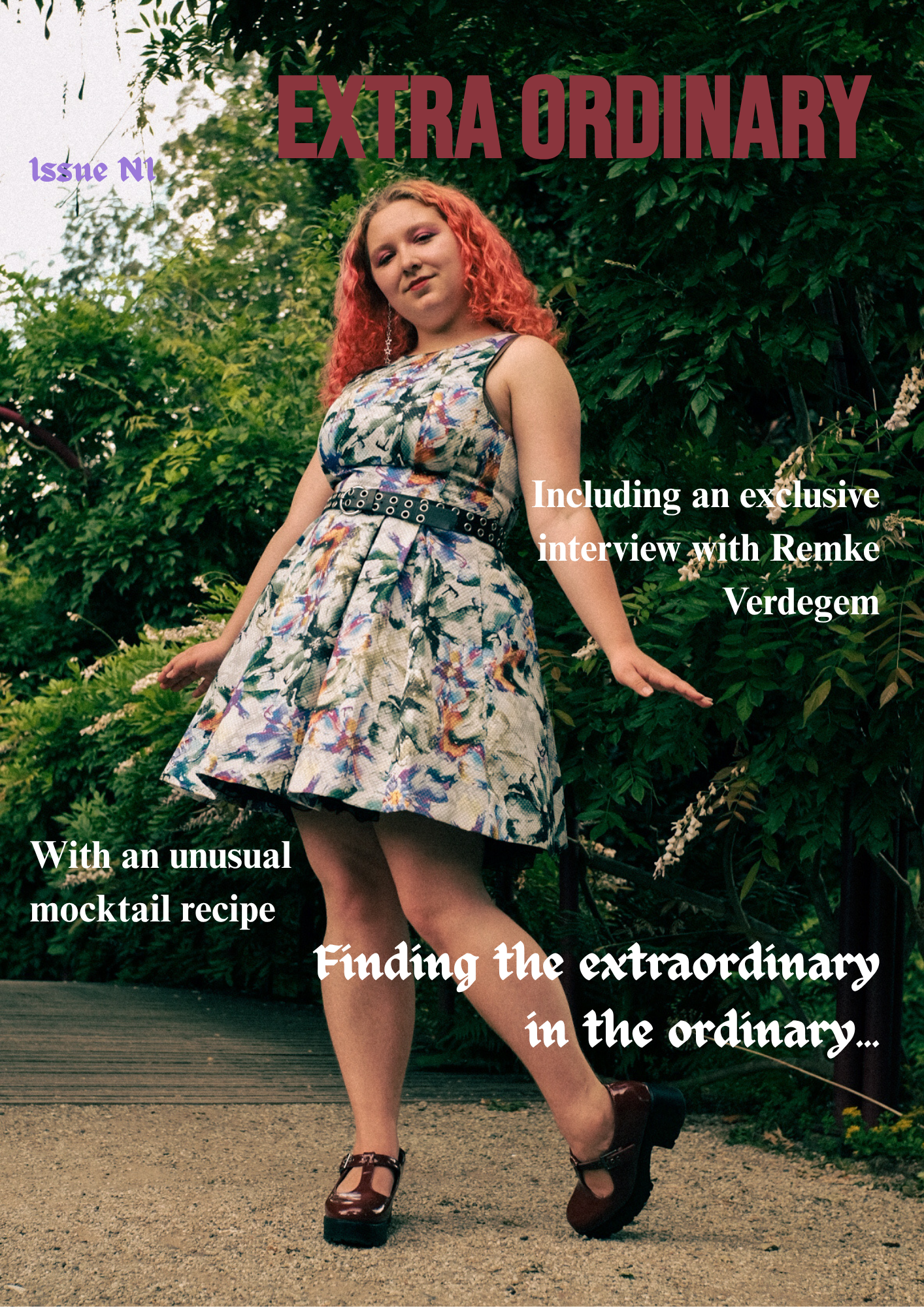 A woman with red curly hair wearing a patterned dress and platform shoes standing outdoors in front of green foliage. The cover text overlays mention "Extra Ordinary" magazine, issue 1, with stories about an exclusive interview with Remke Verdegem and a mocktail recipe, and a theme of finding the extraordinary in the ordinary.