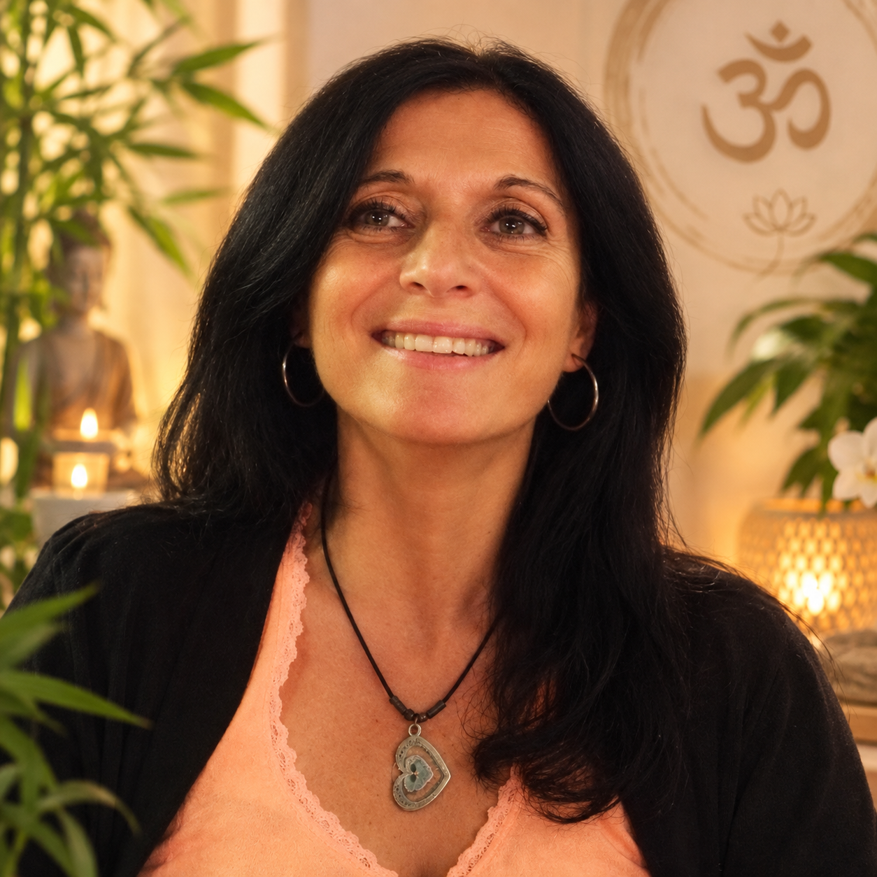 Une femme souriante aux cheveux longs noirs porte un collier avec un pendentif en forme de cœur et des boucles d'oreilles en cercles. En arrière-plan, on voit un symbole Om et une statue de Bouddha dans un décor calme et lumineux.