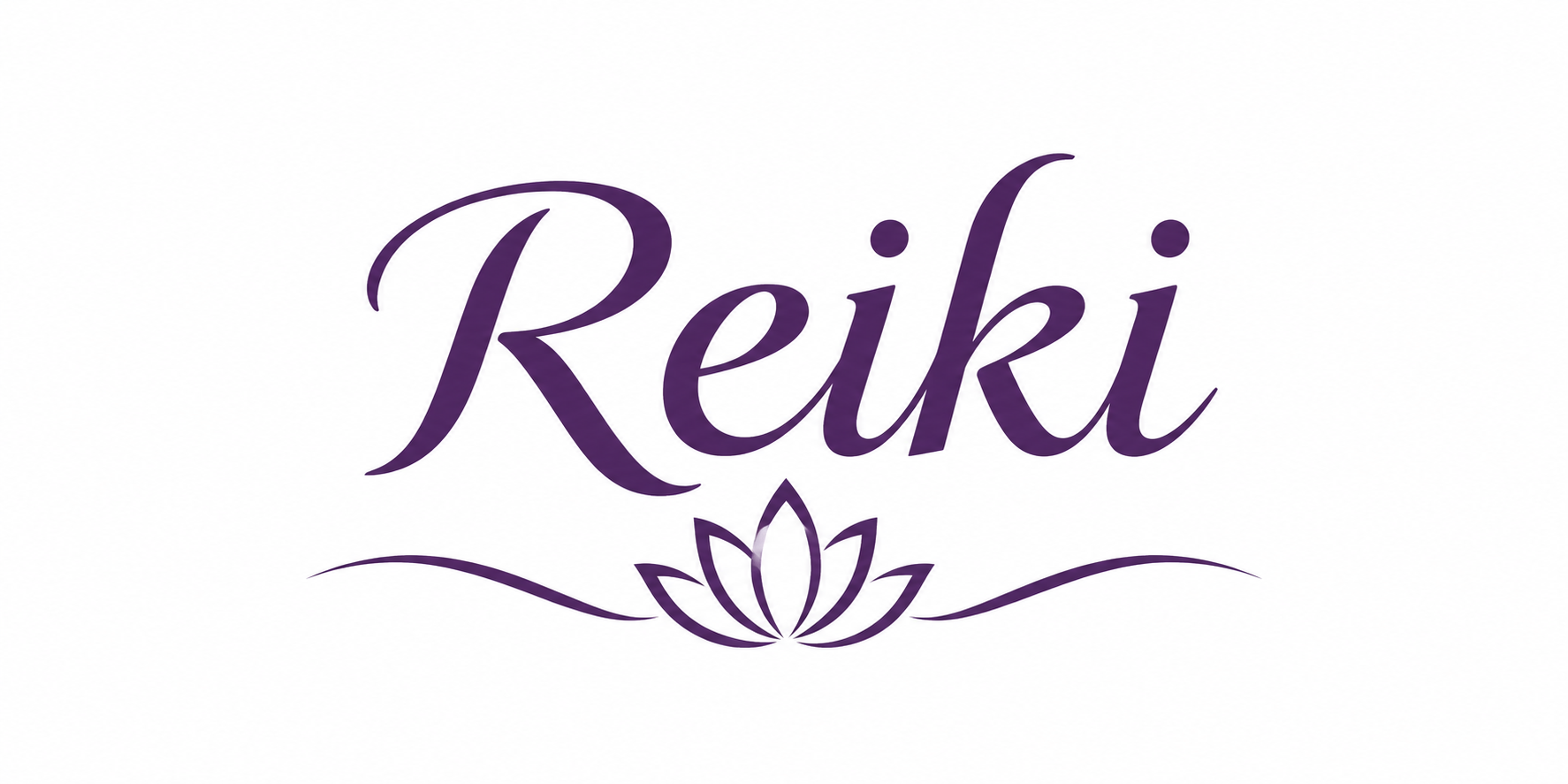 Logo en texte violet 'Reiki' avec un symbole de lotus dessous, lignes courbes